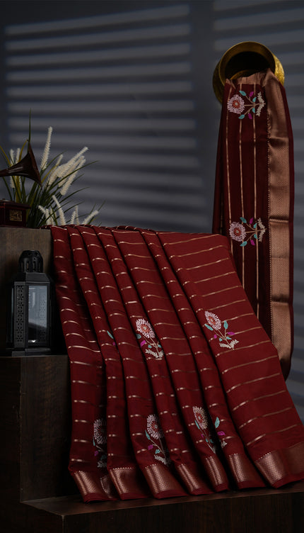 Chanderi Silk Saree With Thread Embroidery Butties And Gold Zari - Maroon