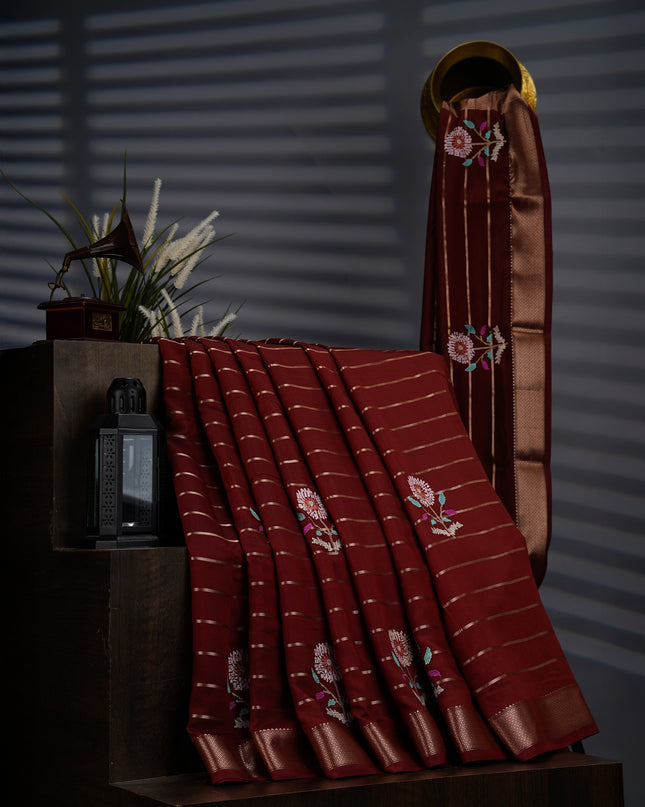 Chanderi Silk Saree With Thread Embroidery Butties And Gold Zari - Maroon