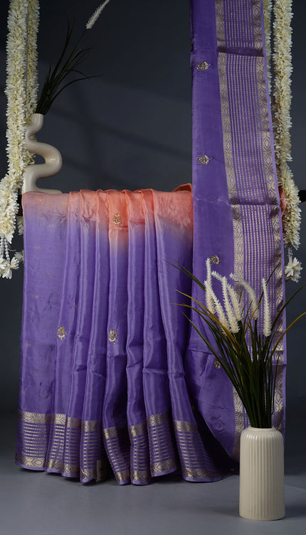 Russian Crepe Kardhana Sequence Work Butties Gold Stripes- Peach and Lavender