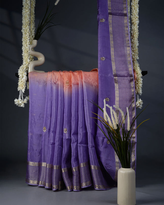 Russian Crepe Kardhana Sequence Work Butties Gold Stripes- Peach and Lavender