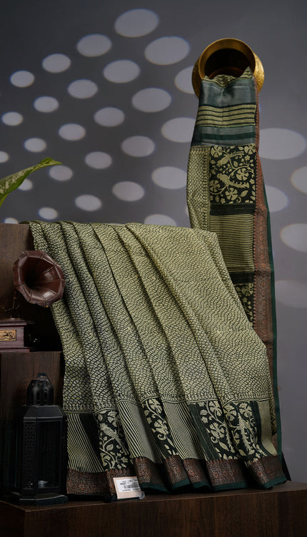 Muslin Silk Saree with Antique Zari Border- Bottle Green