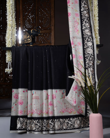 Tusser Silk saree with Parce Work Border - Black