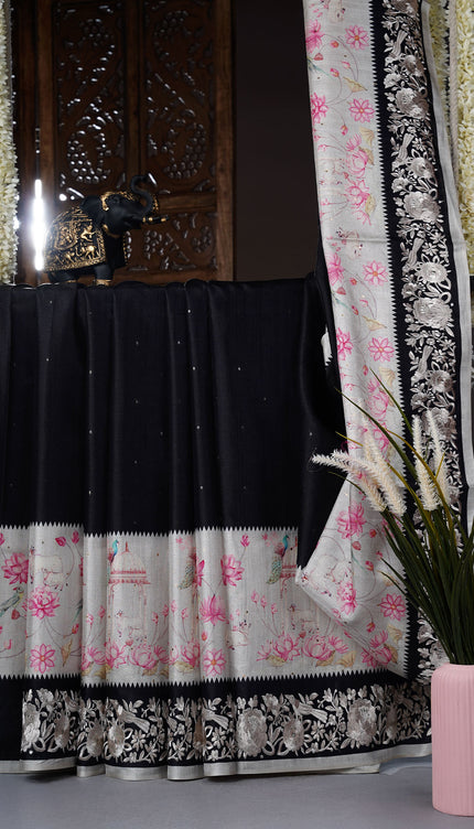 Tusser Silk saree with Parce Work Border - Black