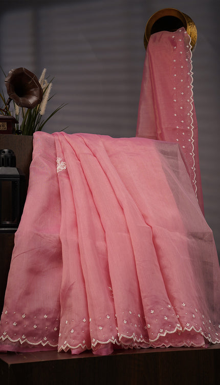 Jute Linen Tissue Pearl Work Buttis With Scallop Border - Pink