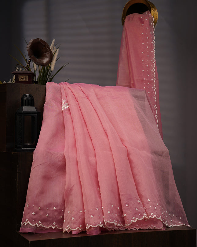 Jute Linen Tissue Pearl Work Buttis With Scallop Border - Pink