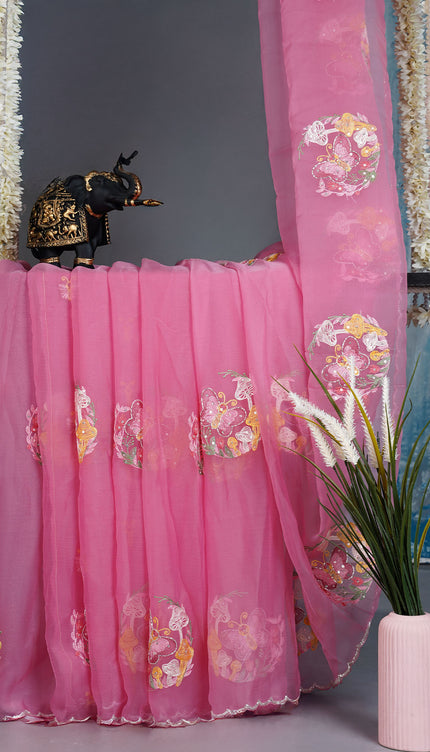 Soft organza saree with thread Embroidery butties and scallop border With sequence work - Pink