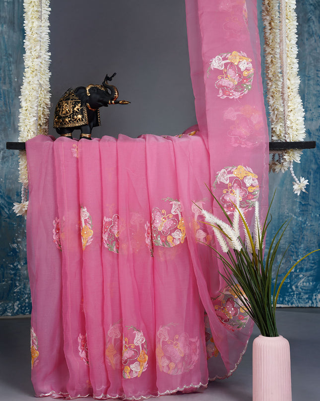 Soft organza saree with thread Embroidery butties and scallop border With sequence work - Pink