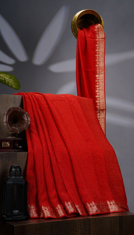 Korean Crepe Saree with Golden Zari Border- Red