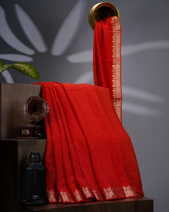 Korean Crepe Saree with Golden Zari Border- Red