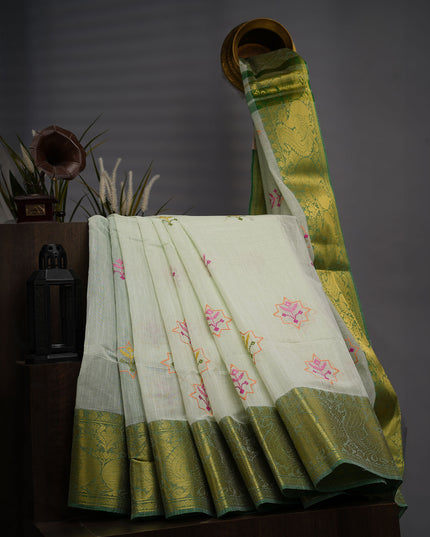 Handloom Cotton thread Embroidery Buttis Gold Border - Light Green