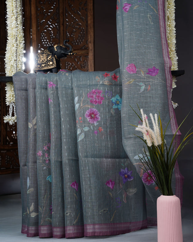 Linen silk saree floral Print contrast Border - Grey