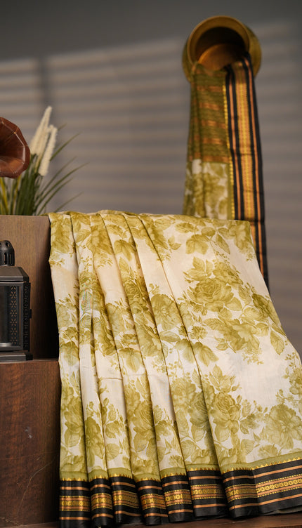 Mangalagiri Silk With Floral Print Contrast Border - Green