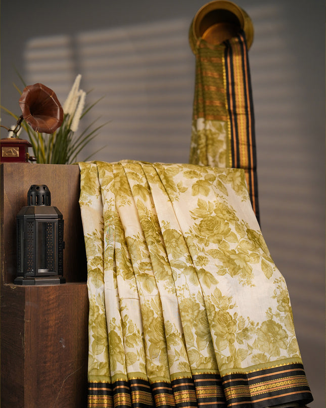 Mangalagiri Silk With Floral Print Contrast Border - Green