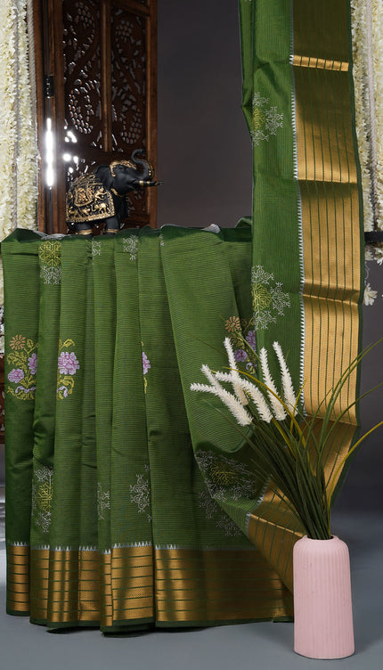 Mangalagiri Silk Saree with thread Work With Zari Border - Green
