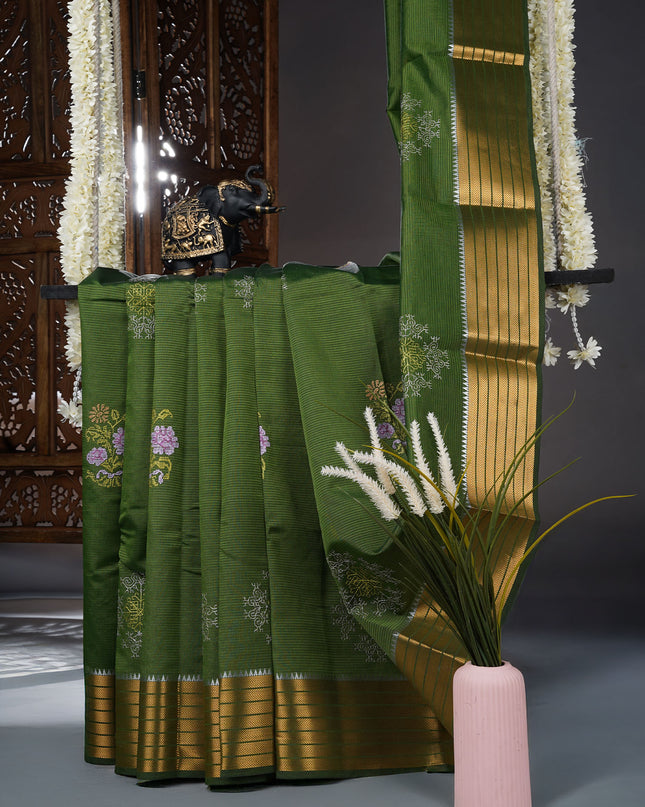 Mangalagiri Silk Saree with thread Work With Zari Border - Green