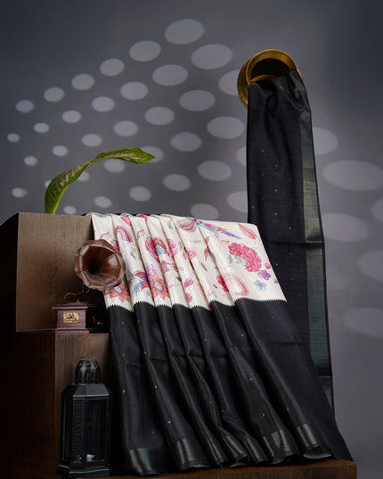 Tusser Silk Saree Floral Print with Contrast Border- Beige and Black