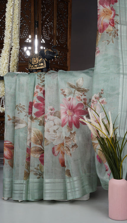 Kota cotton saree with digital print - Mint Green