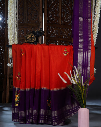 Chinnon Crape Saree French Knot Work Design and Golden Zari Gap Border Border - Orange