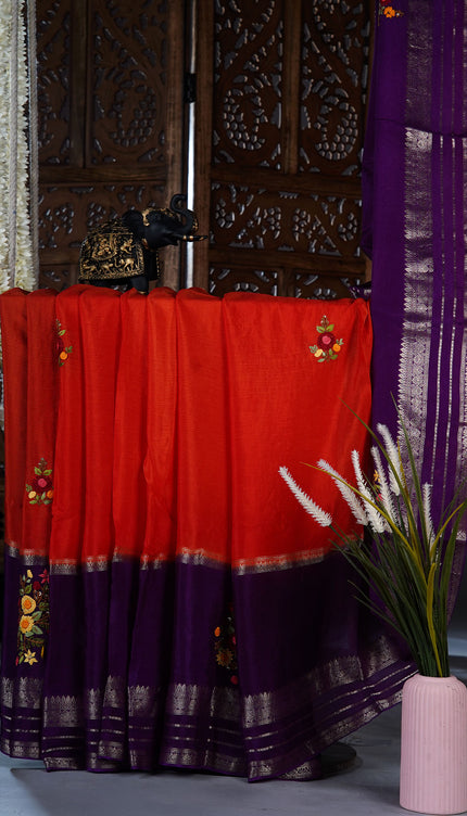 Chinnon Crape Saree French Knot Work Design and Golden Zari Gap Border Border - Orange