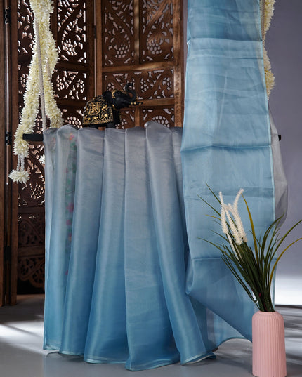 Soft organza saree with embroidered parrot motifs - Blue