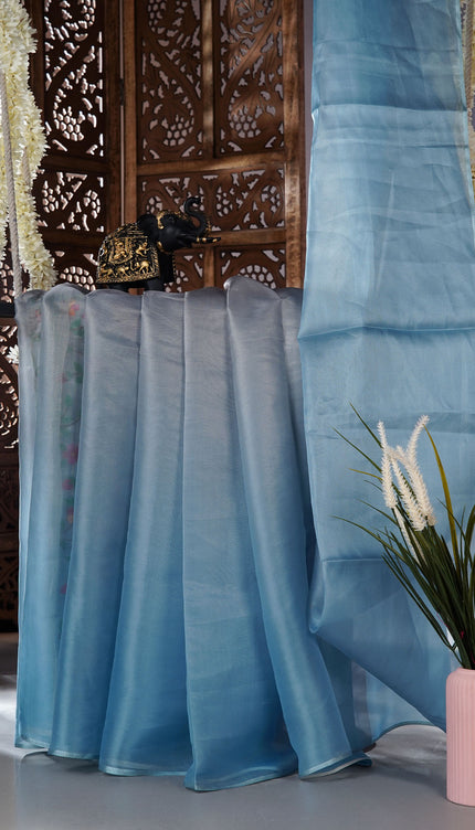 Soft organza saree with embroidered parrot motifs - Blue