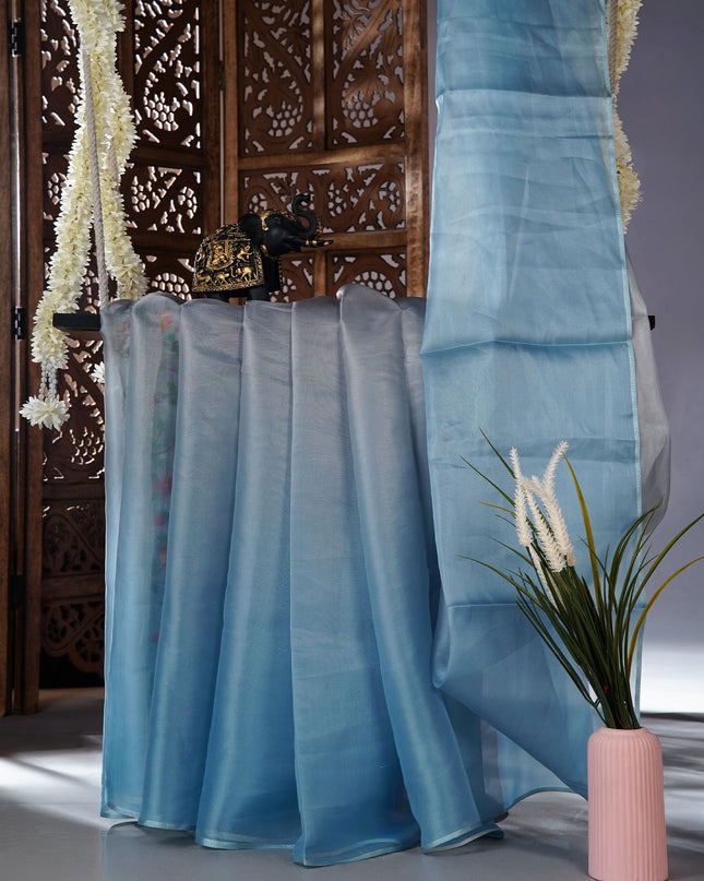 Soft organza saree with embroidered parrot motifs - Blue