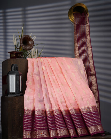 Chanderi Silk Saree With Gold & Silver Contrast Gap Border - Orange