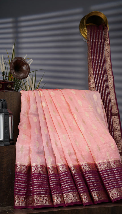 Chanderi Silk Saree With Gold & Silver Contrast Gap Border - Orange