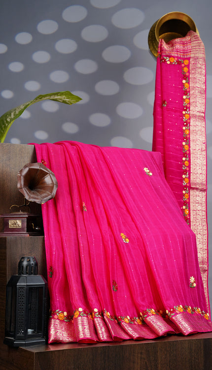 Wrinkle Crepe with Thread Embroidery Work Border- Pink