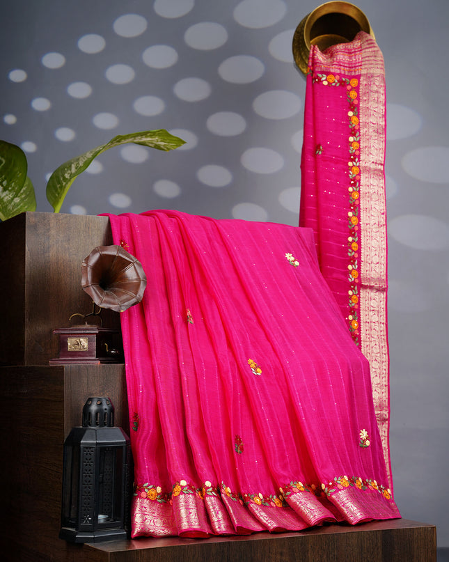 Wrinkle Crepe with Thread Embroidery Work Border- Pink