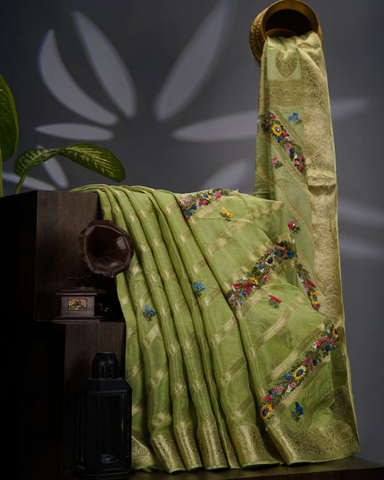Crepe Saree with Thread Embroidery Work with Banaras Border- Green