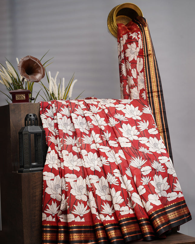 Mangalagiri Silk Digital Print Contrast Border - Maroon