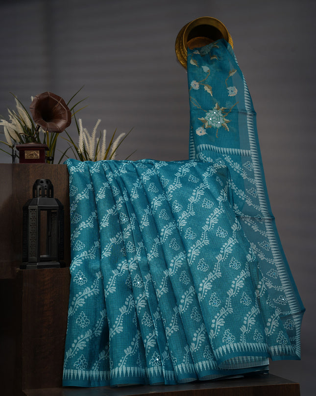 Silk Kota Lehariya Design With Mirror Work - Teal Green