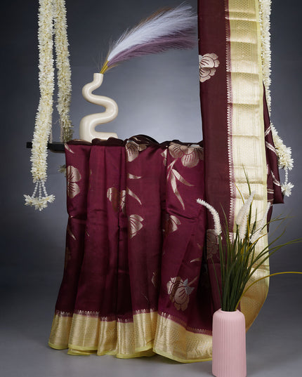 Chanderi Silk Saree With Gold & Silver Butties Contrast Border - Brown