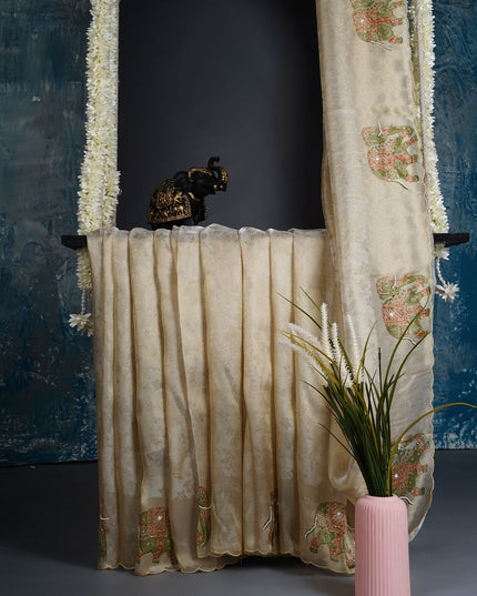 Tissue Georgette saree with print butties and scallop border - Tan