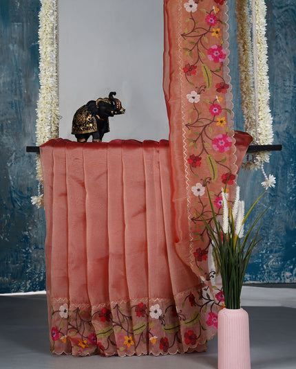 Soft tissue Organza saree with Thread work and scallop border - Peach