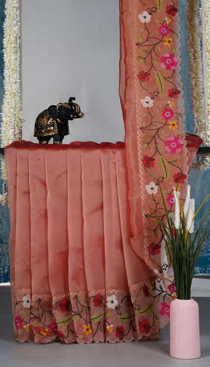 Soft tissue Organza saree with Thread work and scallop border - Peach