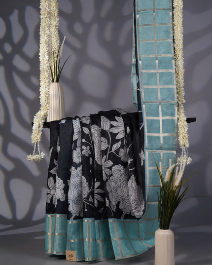 Kota Silk Saree with Floral Print and Contrast Border- Black and Blue