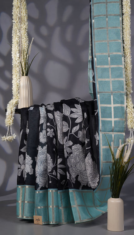 Kota Silk Saree with Floral Print and Contrast Border- Black and Blue