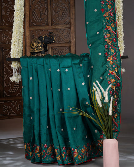 Dupion saree with  golden butties and thread work and border - Bottle Green