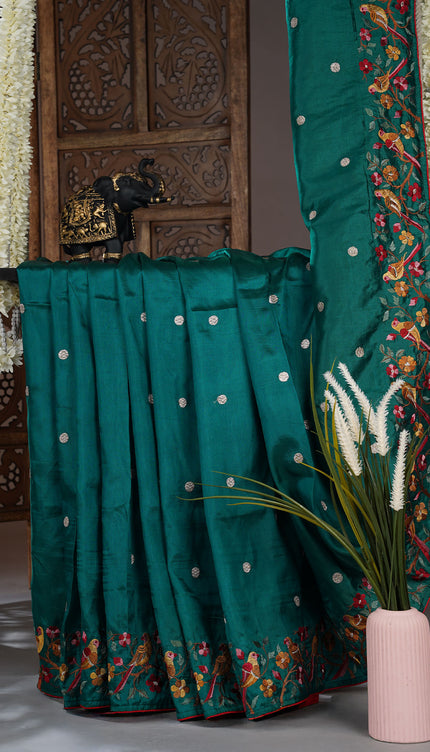 Dupion saree with  golden butties and thread work and border - Bottle Green