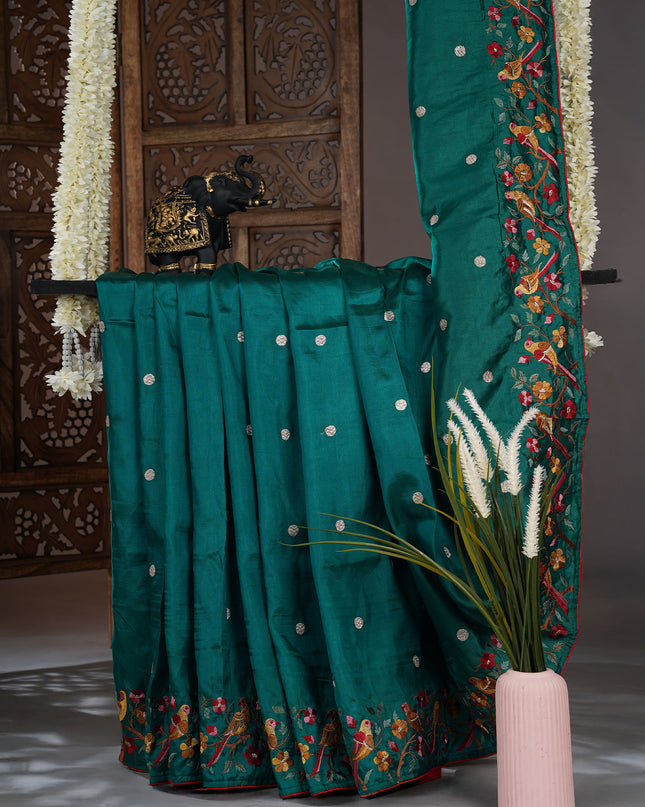 Dupion saree with  golden butties and thread work and border - Bottle Green