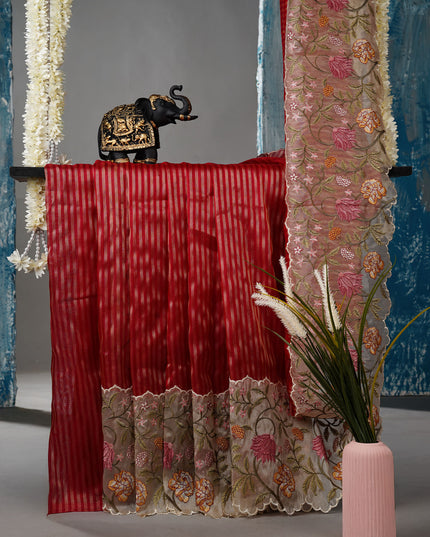 Soft Organza Saree and Golden Lines and Thread Work  scallop border - Maroon