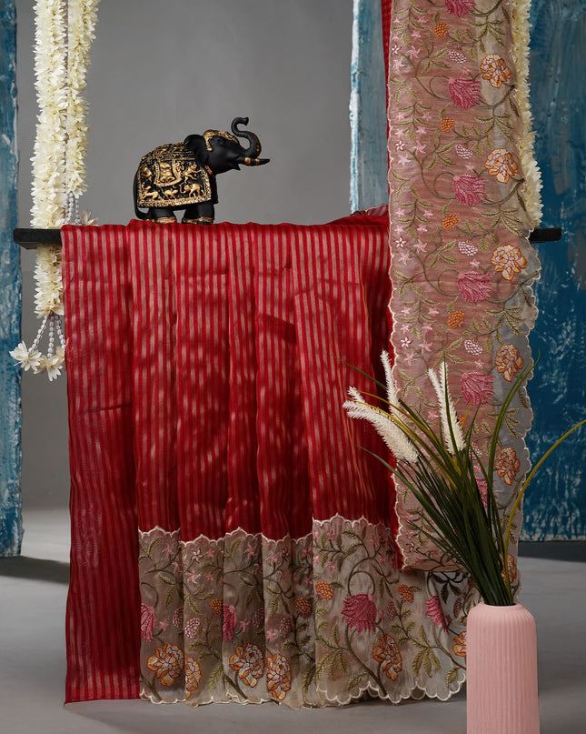 Soft Organza Saree and Golden Lines and Thread Work  scallop border - Maroon