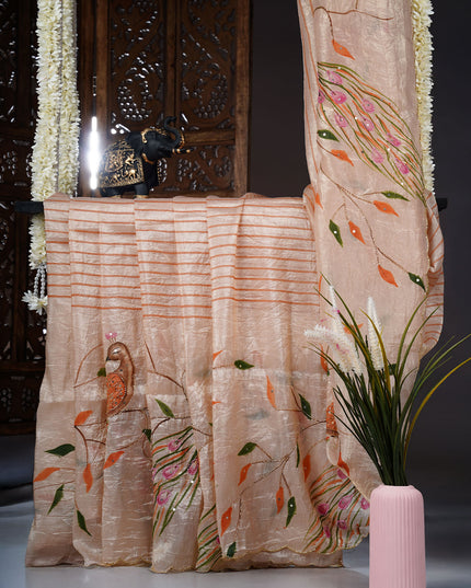 Russian Silk Saree Hand Painting Design With Kardana & Sequence Work Scallop Border With Pearl Work - Beige