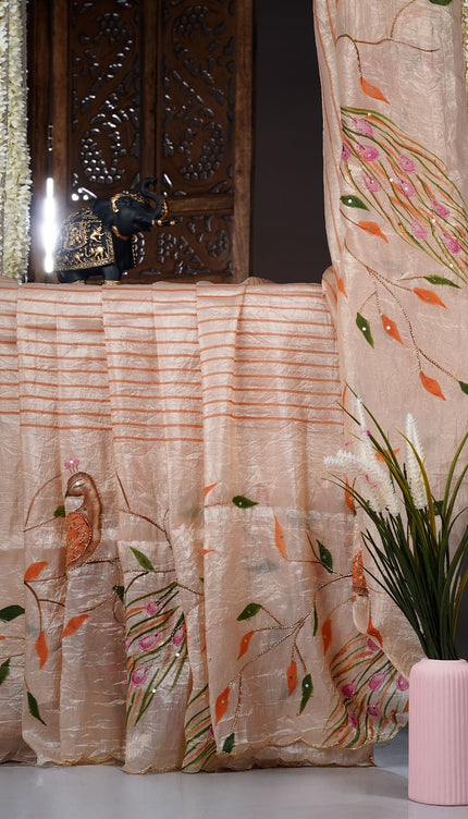 Russian Silk Saree Hand Painting Design With Kardana & Sequence Work Scallop Border With Pearl Work - Beige