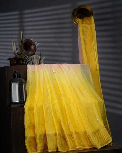 Russian Crepe With Kardhana Sequence Butties And Banaras Border - Yellow