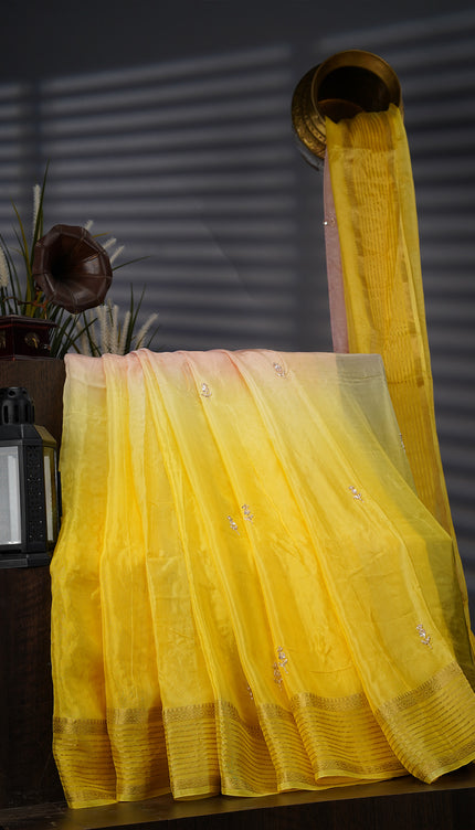 Russian Crepe With Kardhana Sequence Butties And Banaras Border - Yellow