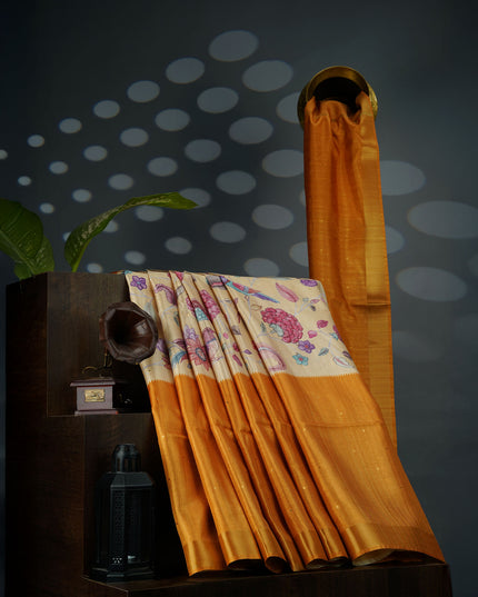 Tusser Silk Saree Floral Print with Contrast Border- Mustard