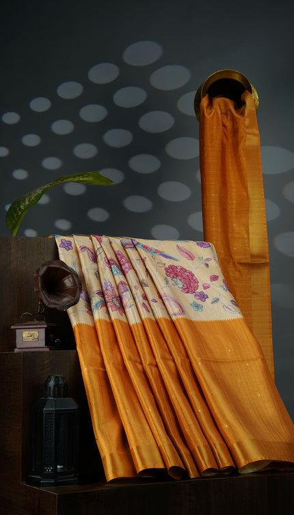 Tusser Silk Saree Floral Print with Contrast Border- Mustard